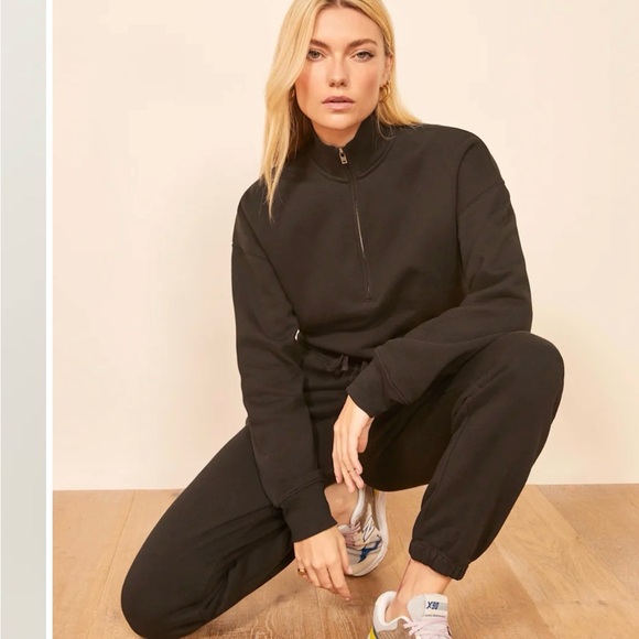 Reformation Marla Half Zip Cropped Sweatshirt Black - Picture 2 of 8